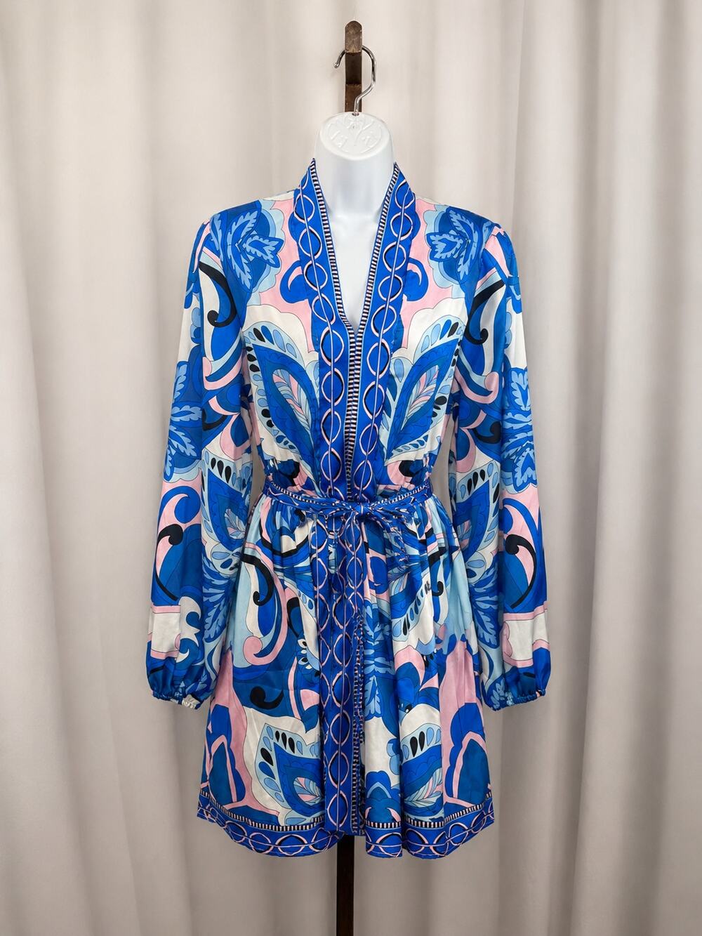 Blue & Pink Paisley Print Tie Waist Mini Dress | Medium